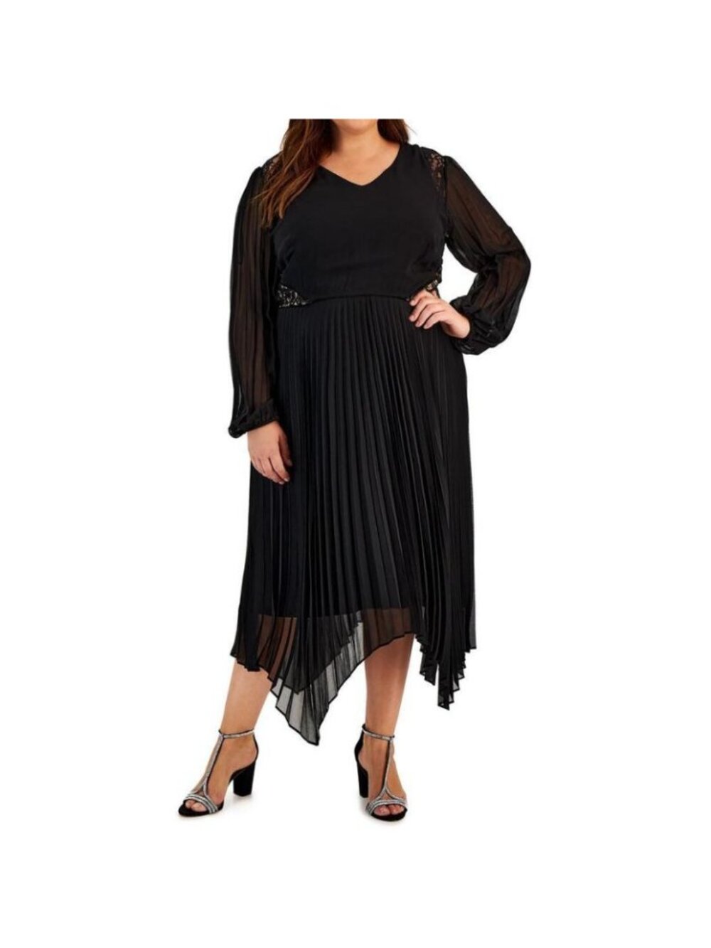 NWT Taylor Womens Black Chiffon Crepe Lace Trim Long Sleeve Dress PLUS SIZE 16W